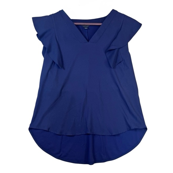 Ann Taylor Navy Blue V Neck Blouse with Ruffled Short Sleeves - Picture 1 of 9